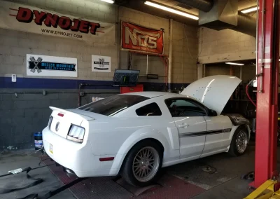 White Mustang on the dyno at Miller Mountain HP 1